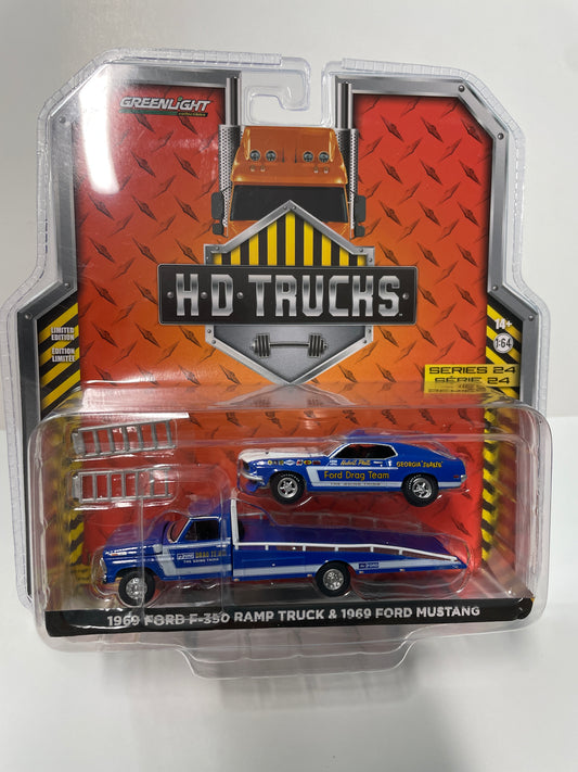 Greenlight 1/64 HD Trucks 1969 Ford-F-350 Ramp Truck & 1969 Ford Mustang Blue