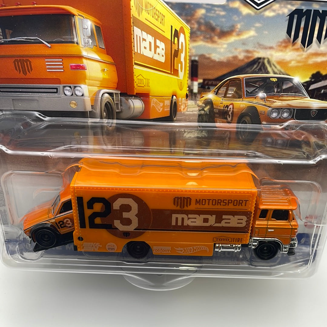 Hot Wheels 1/64 Car Culture Team Transport Mad Mike Mazda RX3 GT w/ Sakura Sprinter Orange