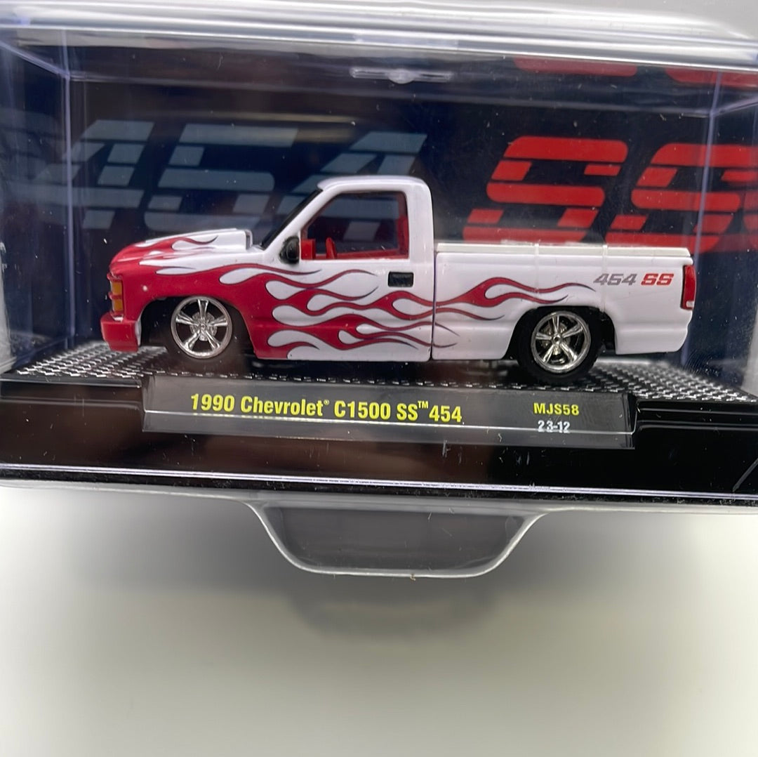 M2 Machines 1/64 The Heartbeat Of America 1990 Chevrolet C1500 SS 454 Pickup White & Red Flames