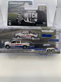 Greenlight 1/64 Racing Hitch & Tow 2023 Chevrolet Silverado 1500 & 1989 Chevrolet S-10 Baja w/ Flatbed Trailer White & Blue