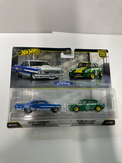 Hot Wheels 1/64 Premium Car Culture 2 Pack Ford Custom/ Personnalisé ‘64 Galaxie 500 Blue & ‘67 Ford Anglia Racer Voiture de Course Green - JHW50