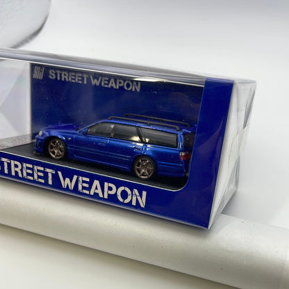 1/64 Street Weapon Nissan Stagea R34 w/ Extra Wheels & Roof Box Blue