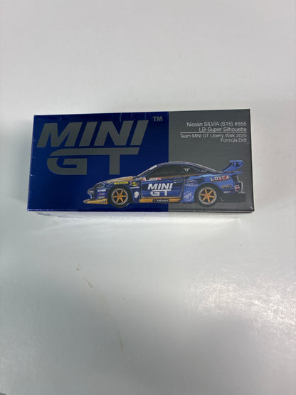 Mini GT 1/64 Nissan Silvia (S15) #555 LB-Super Silhouette Team MINI GT Liberty Walk 2025 Formula Drift Blue - MGT01157