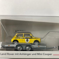 Schuco 1/64 Land Rover Defender + Trailer & Mini Cooper Mini Maniac Green / Yellow