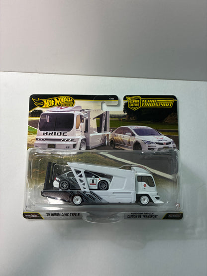 Hot Wheels 1/64 Car Culture Team Transport 2026 Mix L '07 Honda Civic Type R & Kousoku Hauler Camion De Transport White & Black - JHX94 - Damaged Box