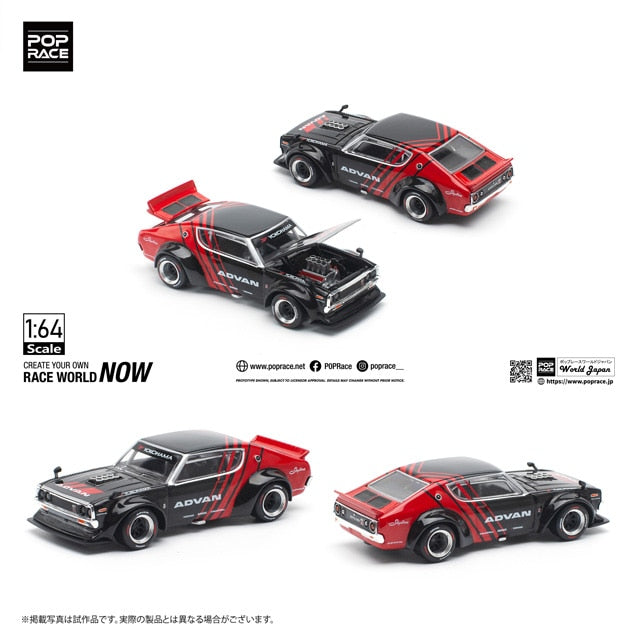 Pop Race 1/64 Nissan Skyline KPGC110 (Kenmeri) Advan Black & Red
