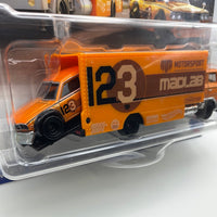 Hot Wheels 1/64 Car Culture Team Transport Mad Mike Mazda RX3 GT w/ Sakura Sprinter Orange