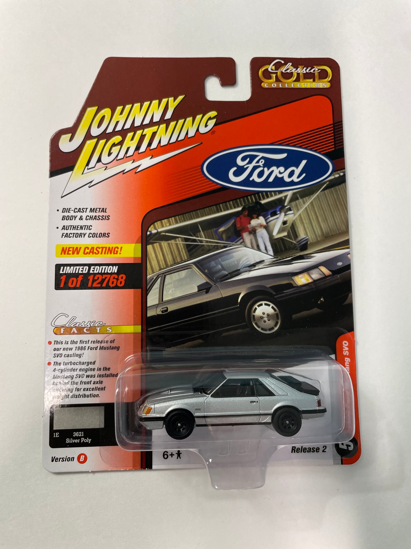 Johnny Lightning 1/64 1986 Ford Mustang SVO Classic Gold Collection Version B Silver - Damaged Card