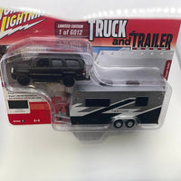 Johnny Lightning 1/64 Truck & Trailer 2005 Cadillac Escalade w/ Camper Trailer Black & Grey - Damaged  Box