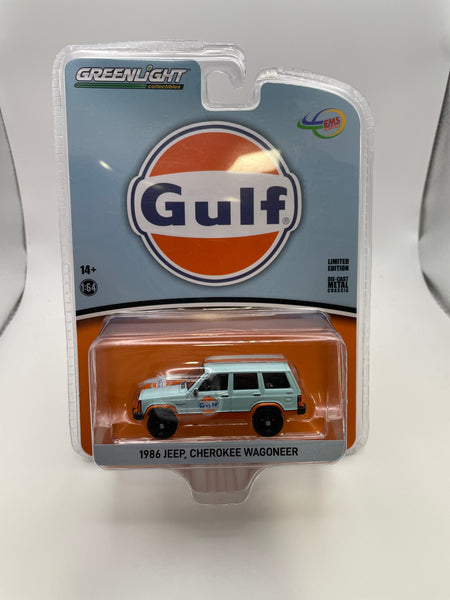 Greenlight 1/64 Gulf 1986 Jeep Cherokee Wagoneer Orange & Blue