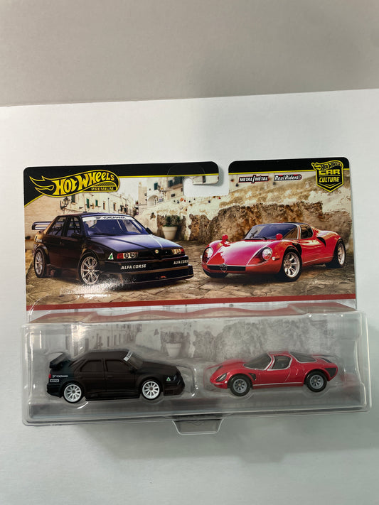 Hot Wheels 1/64 Premium Car Culture 2 Pack Alfa Romeo 155 V6 TI Black & '69 Alfa Romeo 33 Stradale Red - JBK95