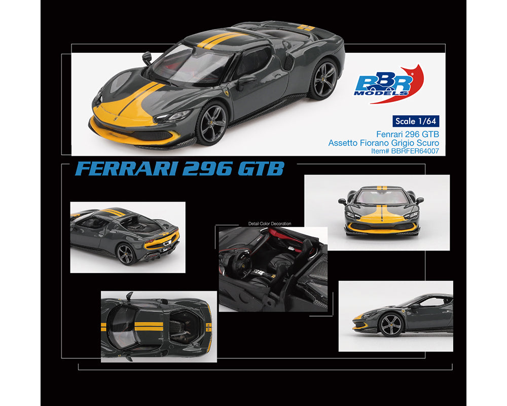 BBR Models 1/64 Ferrari 296 GTB Assetto Fiorano Grigio Scuro Grey & Yellow - BBRFER64007