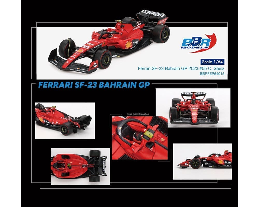 BBR Models 1/64 n55 Ferrari SF-23 Formula 1 Gulf Air Bahrain Grand Prix 2023 C.Sainz Red