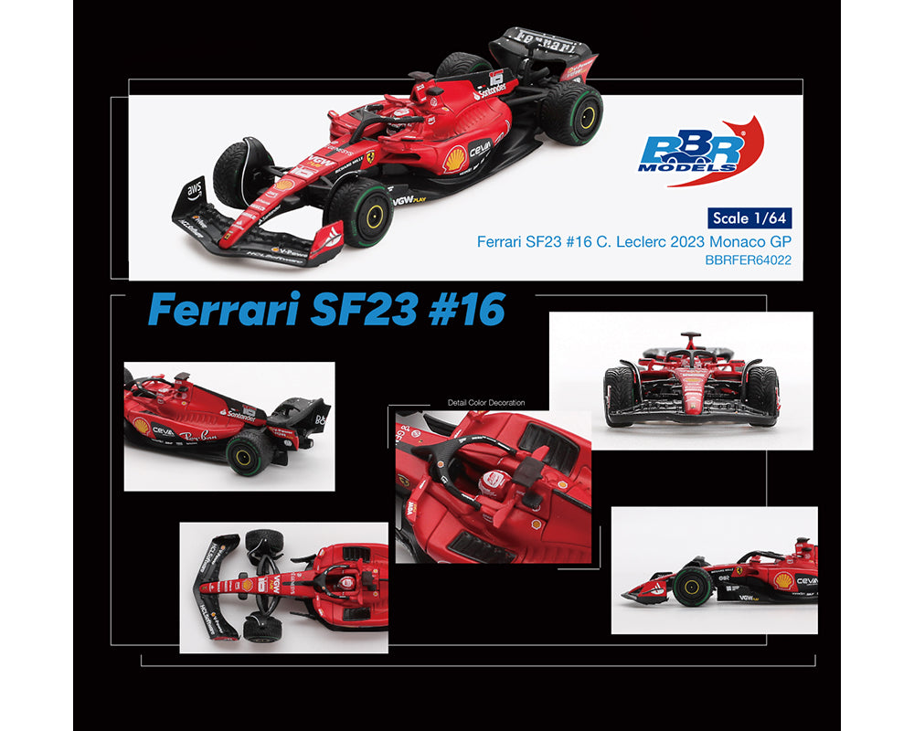 BBR Models 1/64 Ferrari F1 SF-23 Formula 1  Grand Prix  De Monaco 2023 C. Leclerc #16 Red - BBRFER64022