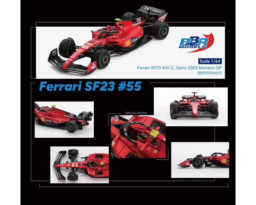 BBR Models 1/64 Ferrari SF-23 Formula 1 Grand Prix De Monaco 2023 C. Sainz #55 Red - BBRFER64023