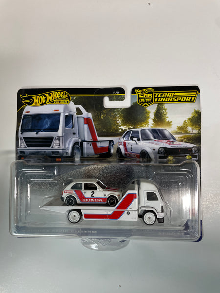 Hot Wheels 1/64 Car Culture Team Transport G Case '73 Honda Civic Custom w/ Aero Lift White & Red - Damaged Card