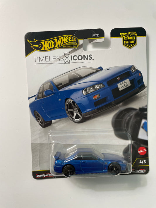Hot Wheels 1/64 Car Culture Timeless Icons Nissan Skyline GT-R V-Spec II (BNR34) Blue - JBK92 - Damaged Box