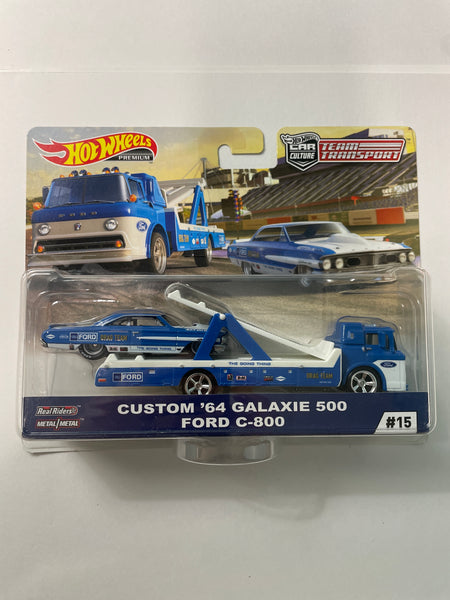 Hot Wheels 1/64 Car Culture Team Transport Custom ‘64 Galaxie 500 & Ford C-800 Blue & White - Damaged Card