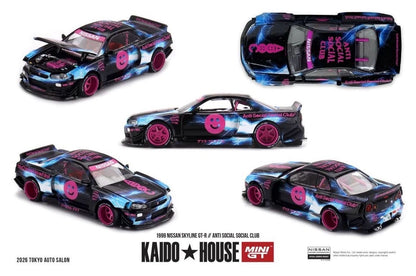 Mini GT x Kaido House 1/64 2026 Tokyo Auto Salon Anti Social Social Club 1999 Nissan Skyline GT-R (R34) V1 & Flag - KHMG106