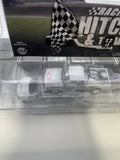 Greenlight 1/64 Racing Hitch & Tow 2023 Chevrolet Silverado 1500 & 1989 Chevrolet S-10 Baja w/ Flatbed Trailer White & Blue