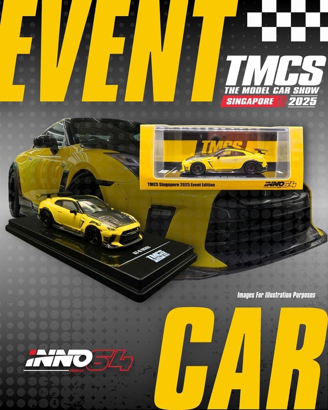 Inno64 1/64 The Model Car Show Singapore 2025 Event Edition Nissan GT-R (R35) Yellow - IN64-R35TS-TMCSS25