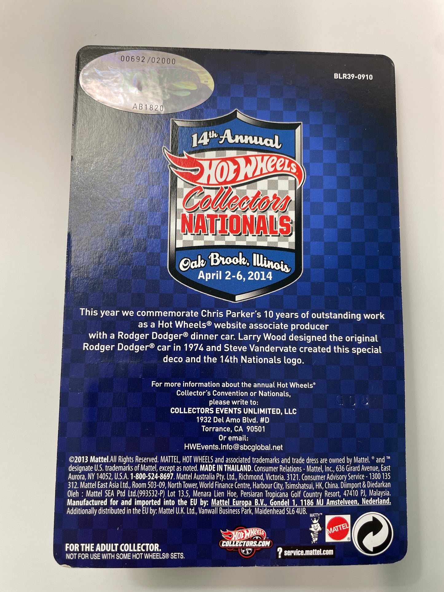 Hot Wheels 1/64 14th Annual Collectors Nationals Convention Dinner Rodger Dodger Blue