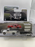 Greenlight 1/64 Racing Hitch & Tow 1986 Chevrolet C30 Custom Deluxe & 1986 Chevrolet Monte Carlo SS #25 Folgers Coffee w/ Flatbed Trailer