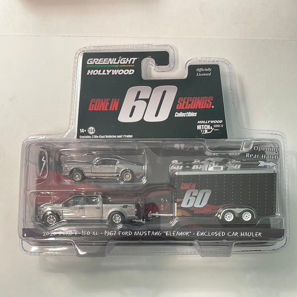 Greenlight Hollywood 1/64 Gone in 60 Seconds 2020 Ford F-150 XL & 1967 Ford Mustang “Eleanor”(Battle Worn) w/ Enclosed Car Hauler