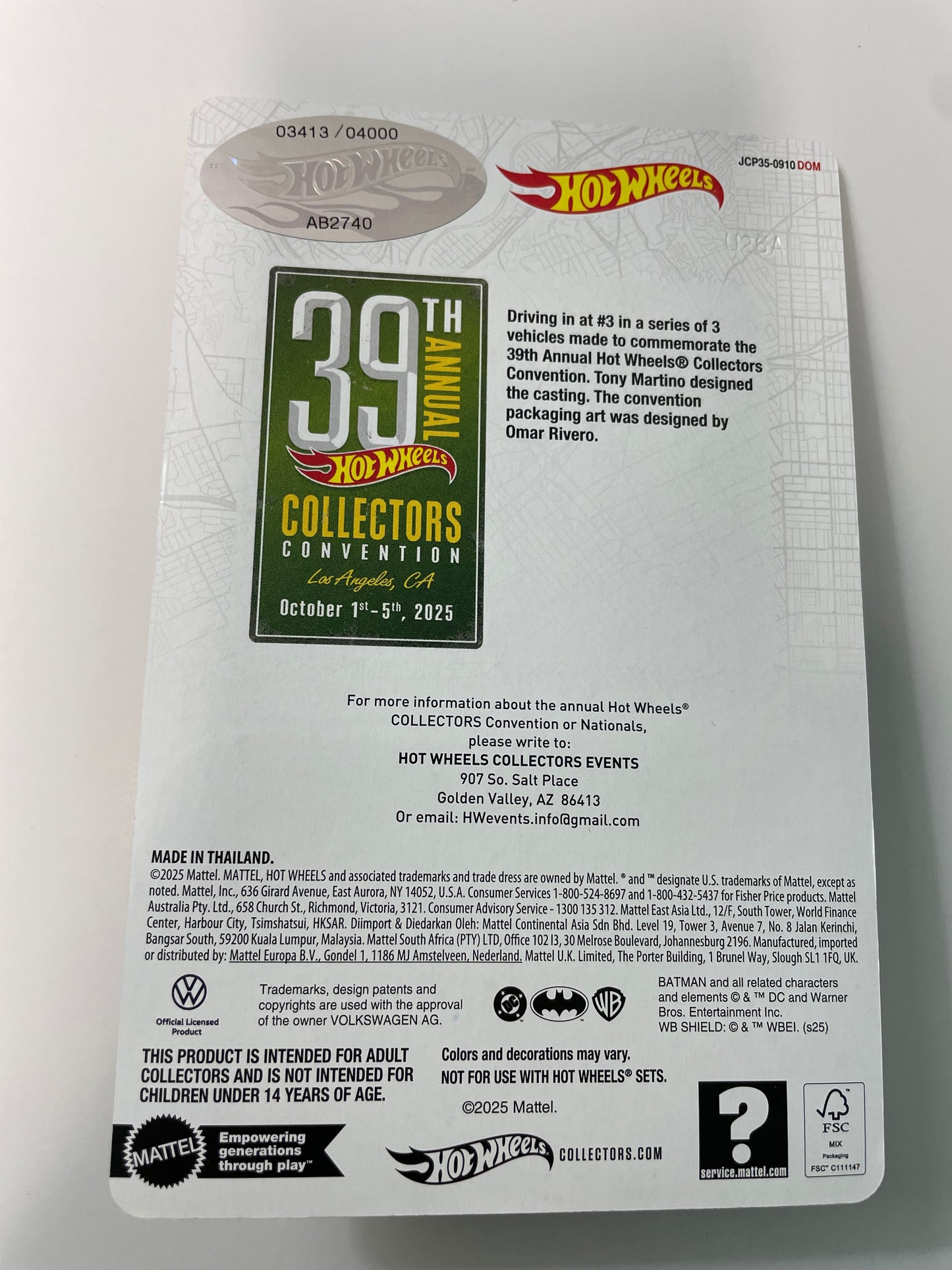 Hot Wheels 1/64 39th Annual Collectors Convention Los Angeles Volkswagen Kool Kombi Black