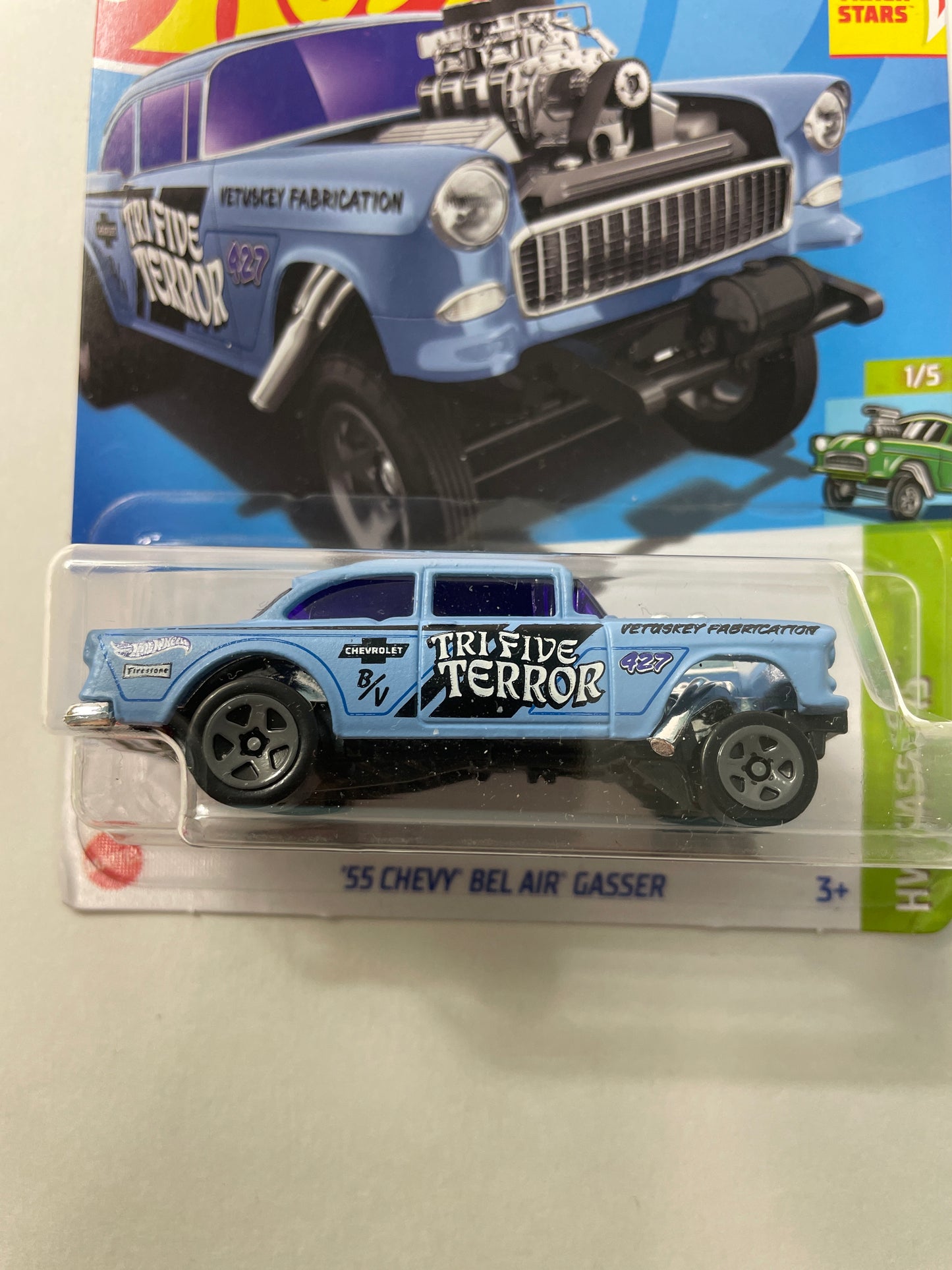 Hot Wheels 1/64 ‘55 Chevy Bel Air Gasser Blue - Damaged Box