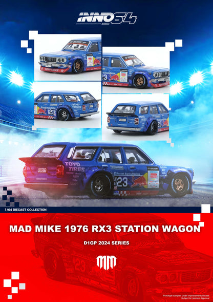 Inno64 1/64 Mazda RX3 Station Wagon Mad Mike 1976 D1GP 2024 Series Blue - IN64-RX3P-D1GP24