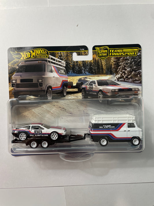 Hot Wheels 1/64 Car Culture Team Transport F Case DMC Delorean w/ HW Rally Hauler White & Black