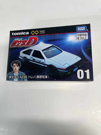 Tomica Premium Unlimited 1/64 #01 Initial D AE86 Trueno (Takumi Fujiwara) White 29766 - Damaged Box