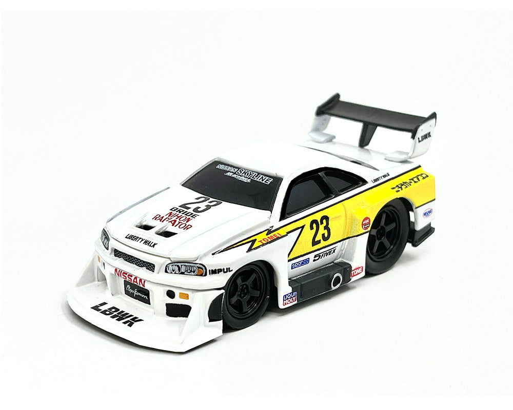 Maisto Muscle Machines 1/64 Liberty Walk 1999 Nissan Skyline GT-R R34 #23 White & Yellow - Damaged Card