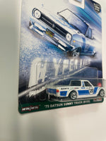 Hot Wheels 1/64 Car Culture Hyper Haulers ‘75 Datsun Sunny Truck (B120) White & Blue - Damaged Card