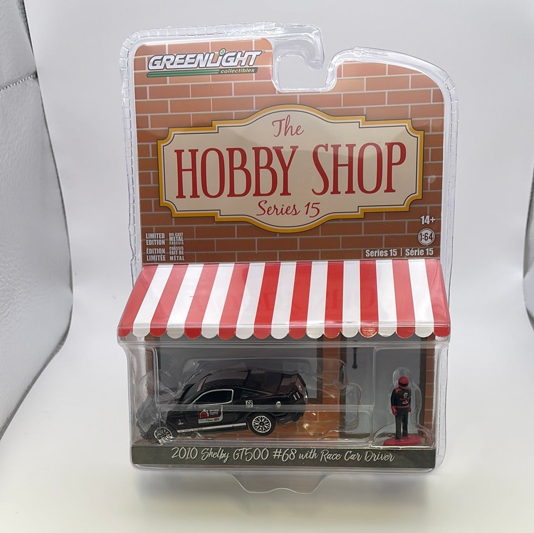 1/64 Greenlight The Hobby Shop Series 15 2010 Shelby GT500 #68 w/ Race Car Driver Black (Read Description)