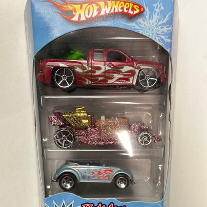 Hot Wheels 1/64 Target Exclusive Multi-Pack Holiday Hot Rods ( Chevy Silverado, Hot Tub & Volkswagen Beetle)