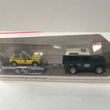 Schuco 1/64 Land Rover Defender + Trailer & Mini Cooper Mini Maniac Green / Yellow