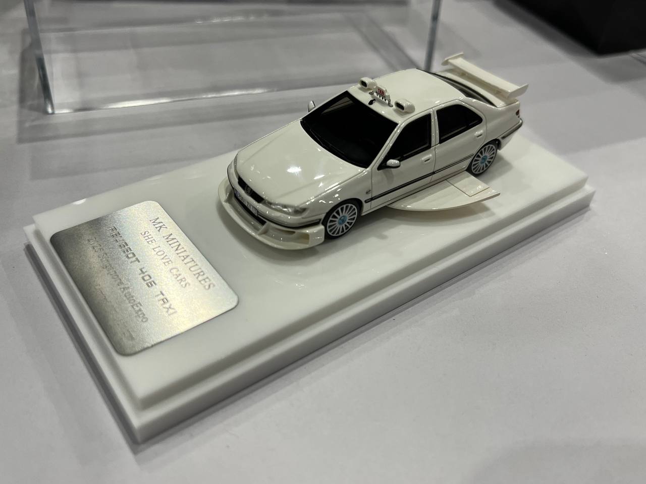 MK Miniatures 1/64 2025 Auto Expo Singapore Peugeot 406 Resin Model Taxi White