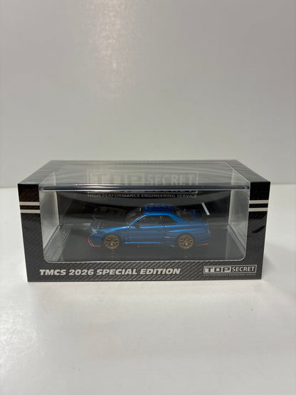 BM Creations 1/64 TMCS Malaysia 2026 Special Edition Top Secret Nissan BNR 34 Bayside Blue - 64B0443