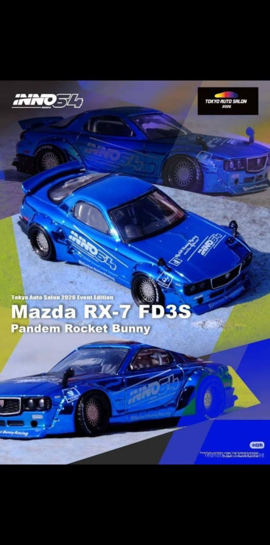 Inno64 1/64 2026 Tokyo Auto Salon Mazda RX-7 (FD3S) Rocket Bunny Boss Wide Body Kit Blue - IN64-RX7FDP-TAS26