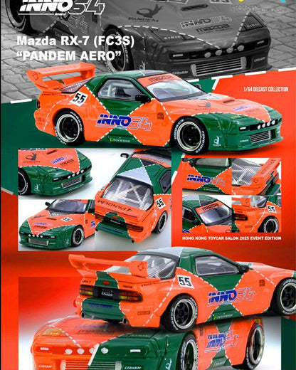 Inno64 1/64 Mazda RX-7 (FC3S) Pandem Aero n55 Hong kong Toycar Salon 2025 Event Edition Orange & Green