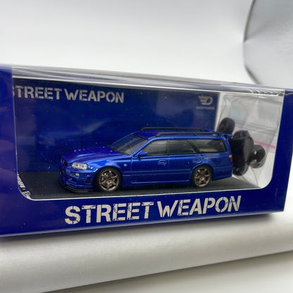 1/64 Street Weapon Nissan Stagea R34 w/ Extra Wheels & Roof Box Blue