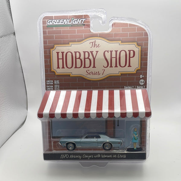 1/64 Greenlight The Hobby Shop Series 7 1970 Mercury Cougar w/ Woman In Dress Blue