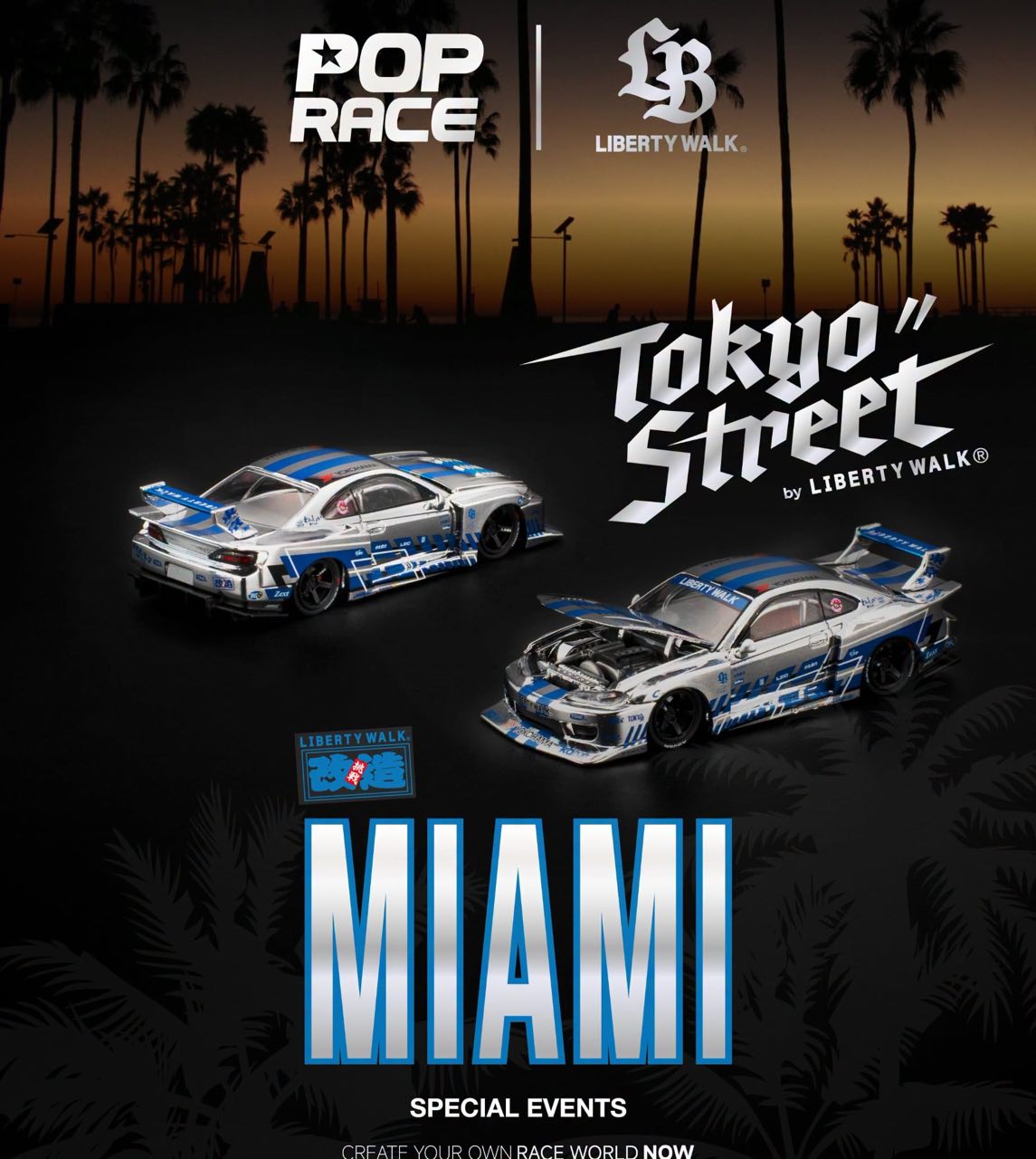 Pop Race 1/64 Miami Special Events Liberty Walk Nissan Silvia S15 Chrome - PR64-0571
