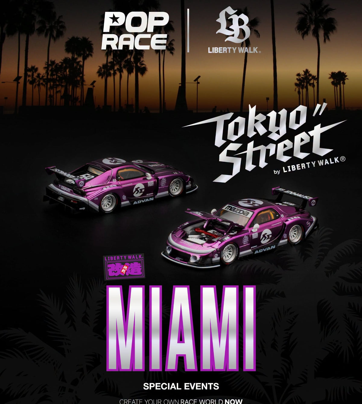 Pop Race 1/64 Miami Special Events Liberty Walk Mazda RX-7 FD3S Purple Chrome - PR64-0570