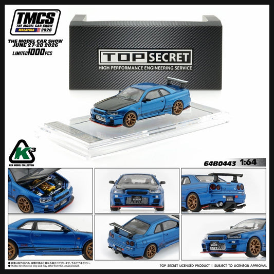 BM Creations 1/64 TMCS Malaysia 2026 Special Edition Top Secret Nissan BNR 34 Bayside Blue - 64B0443