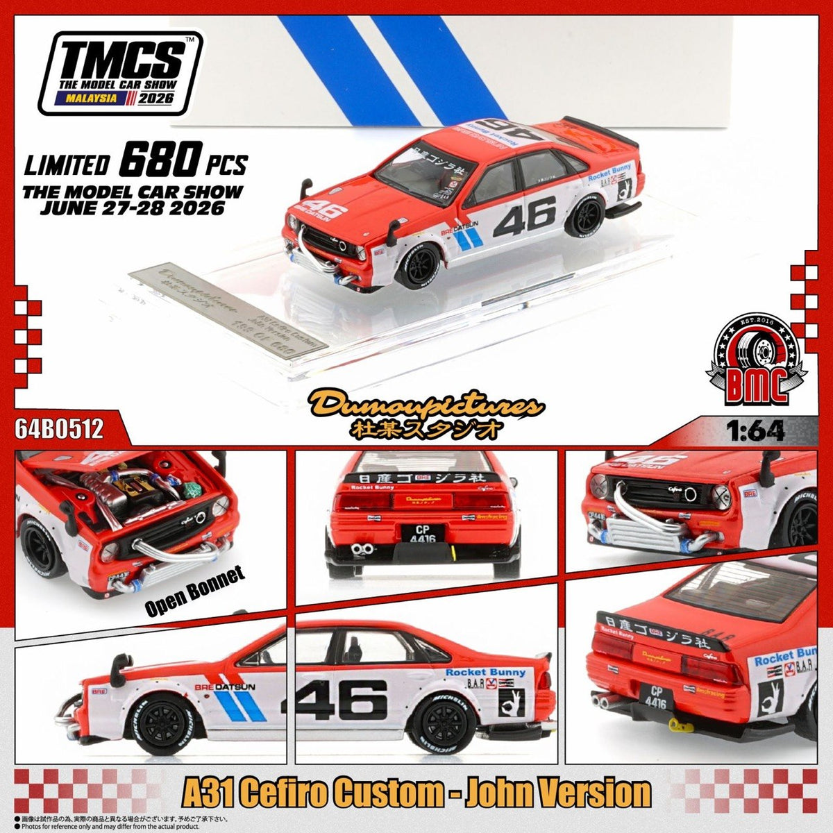 BM Creations 1/64 TMCS Malaysia 2026 Special Edition A31 Cefiro Custom John Version #46 Red & White - 64B0512