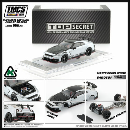 BM Creations 1/64 TMCS Malaysia 2026 Special Edition Top Secret  Nissan R35 GT-R Matte Peal White - 64B0501