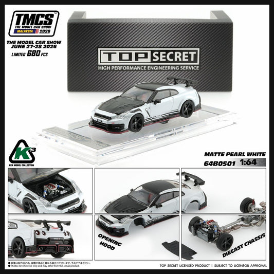 BM Creations 1/64 TMCS Malaysia 2026 Special Edition Top Secret  Nissan R35 GT-R Matte Peal White - 64B0501